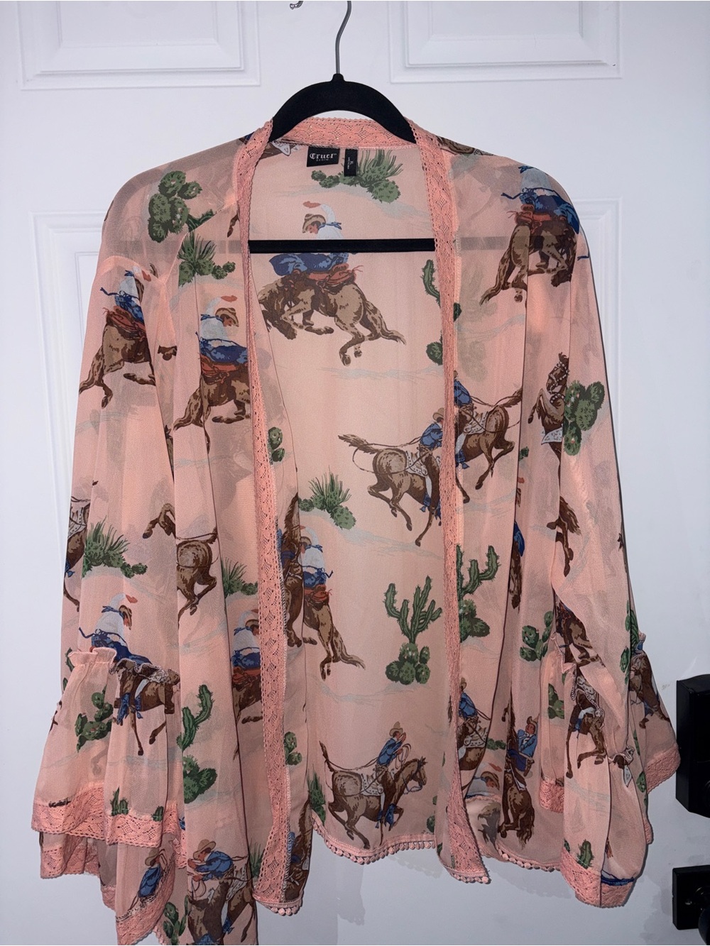 Peach Western-Print Sheer Kimono Cardigan